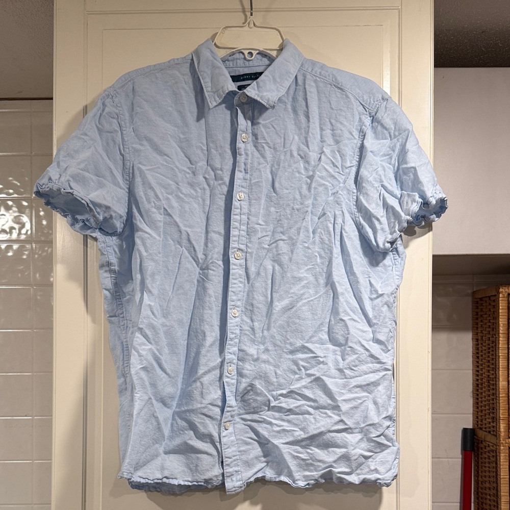 Perry Ellis Blue Casual Button Down Shirt size XL OW 11:20 linen/cotton blend🎶